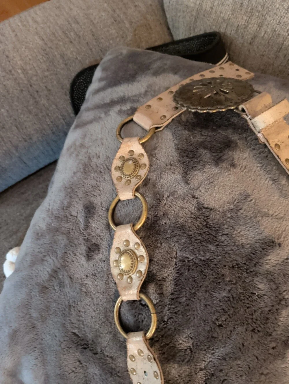 Beige Braided Leather Waist Belt with Antique Gold Medallion